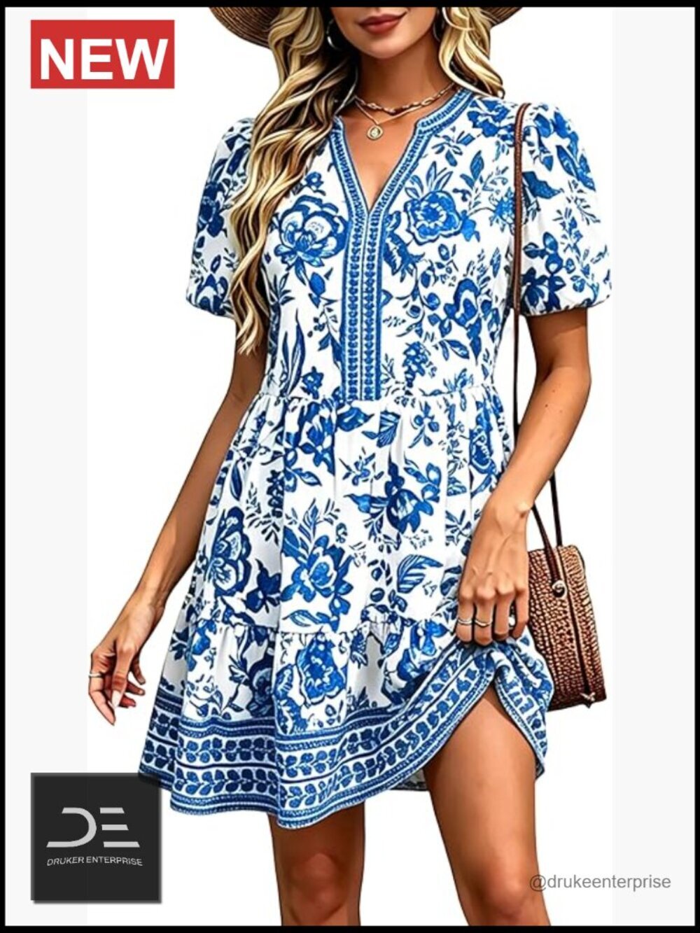 V Neck Ruffle Sleeve Tiered Mini Dress with Pockets